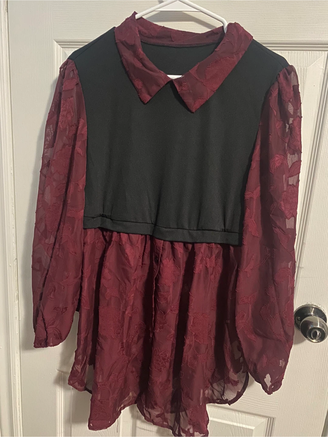 Burgundy and Black Lace Sleeve Blouse