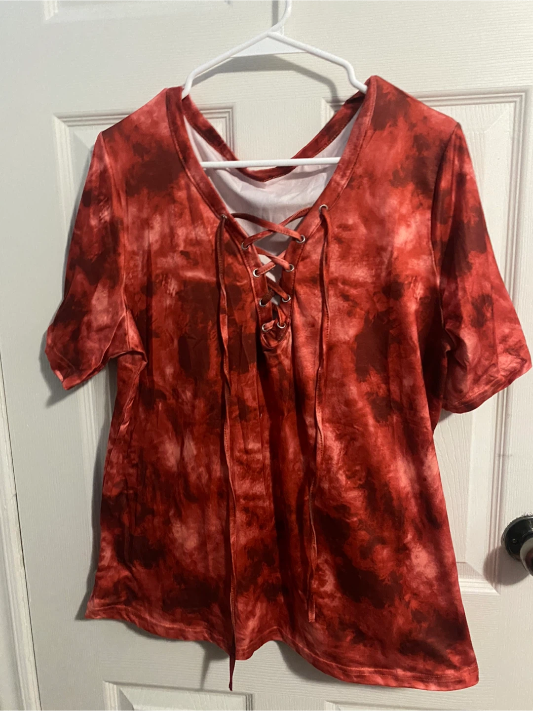 Red Tie-Dye Lace-Up T-Shirt