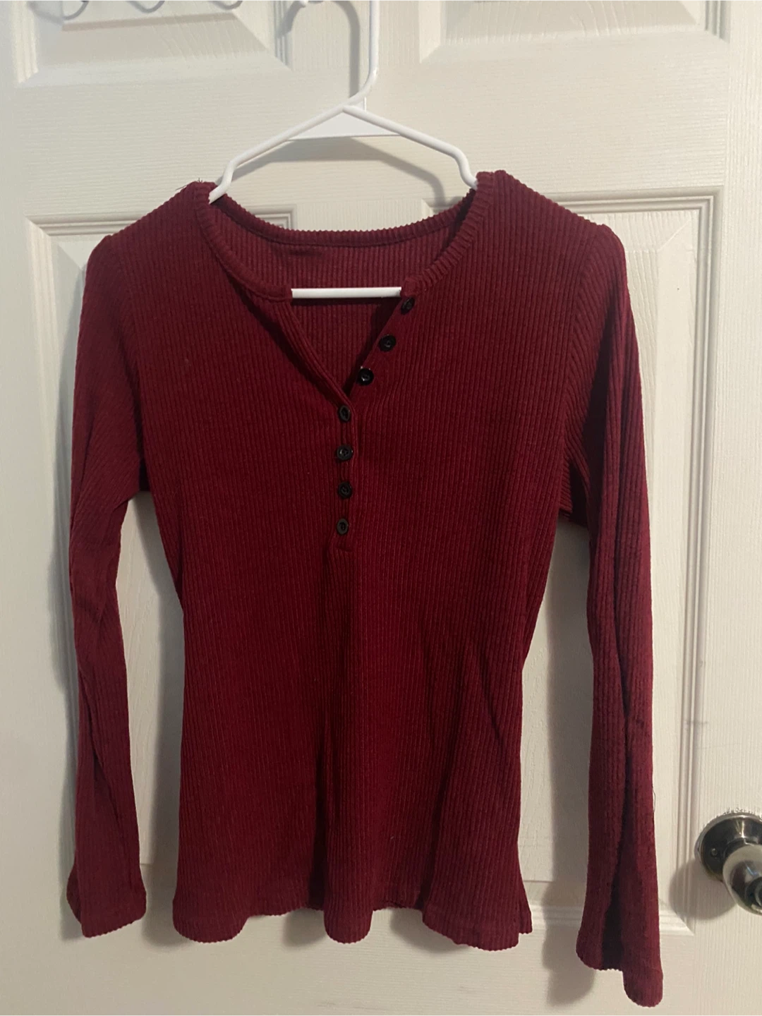 Ribbed Henley Long Sleeve Shirt - Burgundy