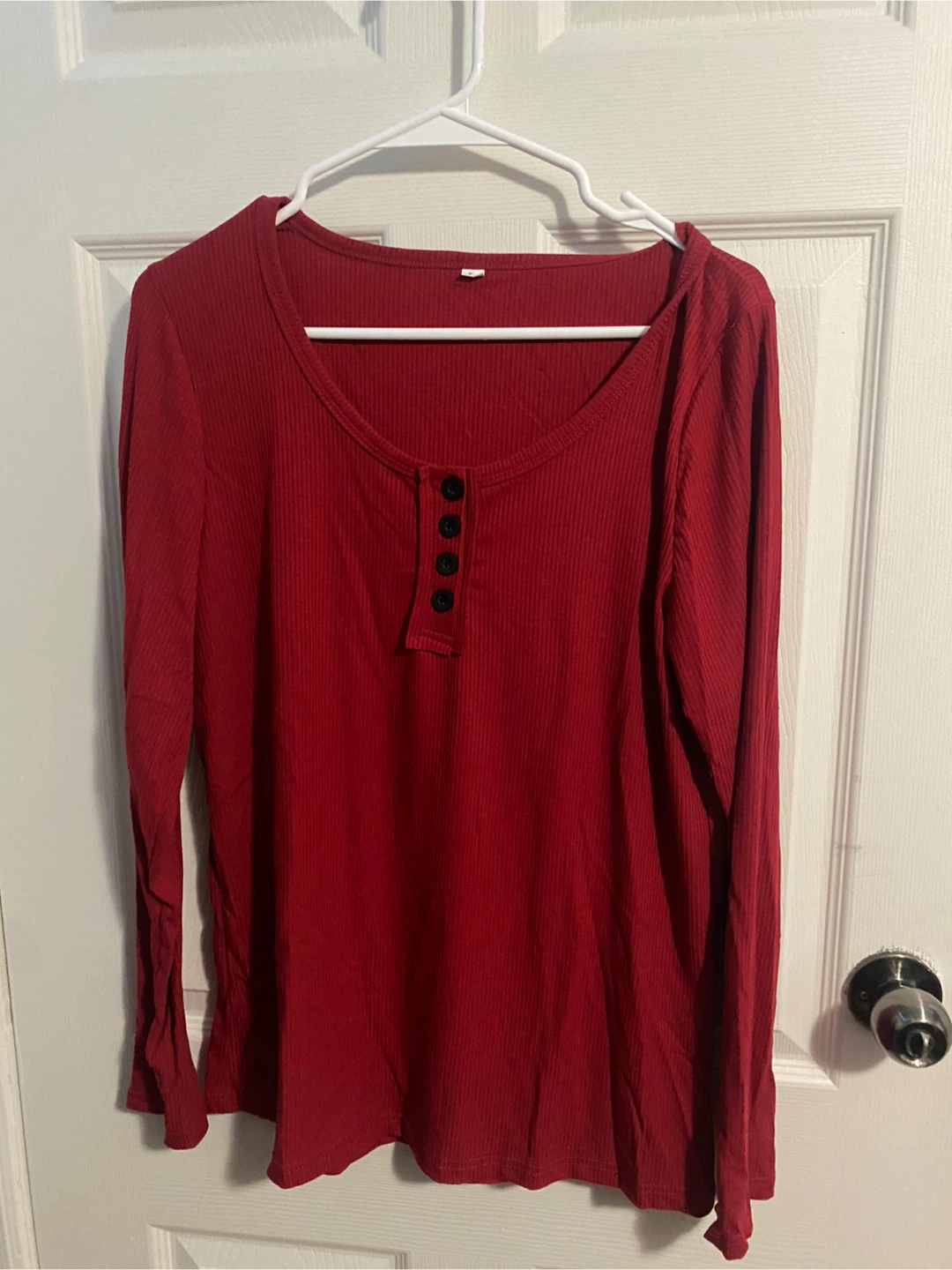 Women's Red Ribbed Long Sleeve Henley Shirt