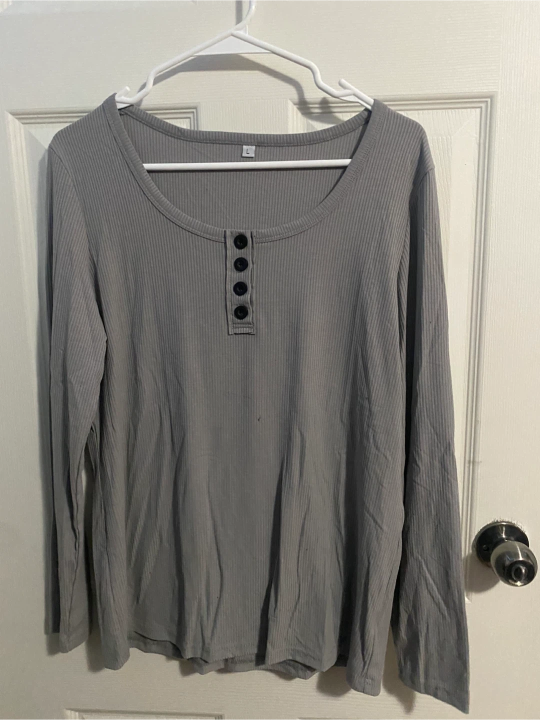 Grey Ribbed Long Sleeve Henley Shirt Size L