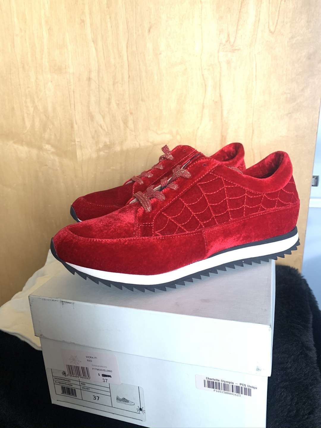 Charlotte Olympia Red Velvet Work It Spider Web Sneakers size 7