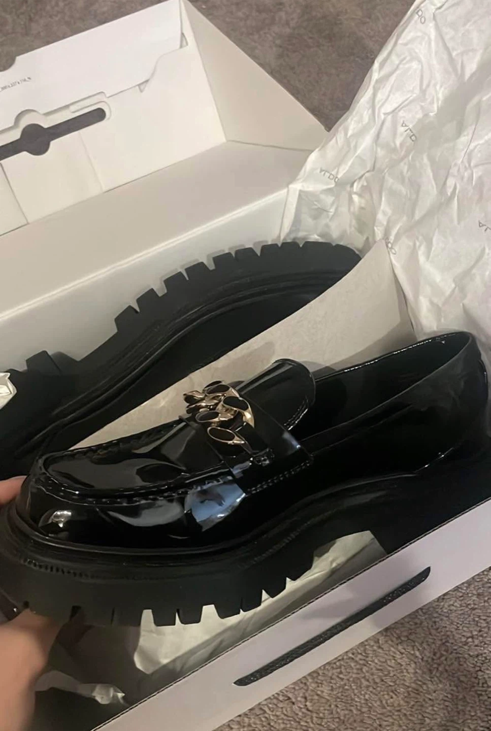 ALDO Black Patent Chunky Loafers with Gold Chain - US Size 7