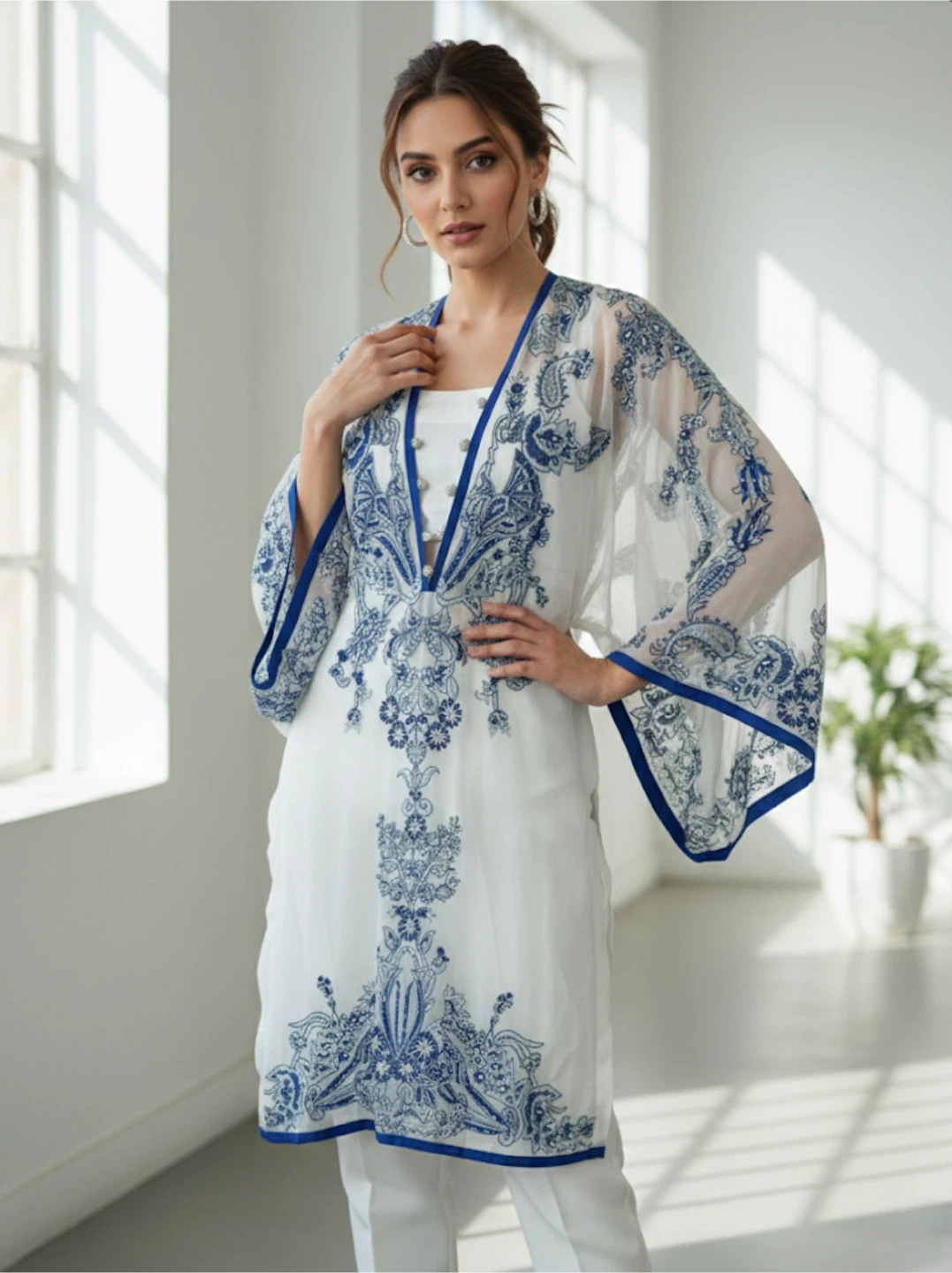 Women's White & Blue Embroidered Kurti