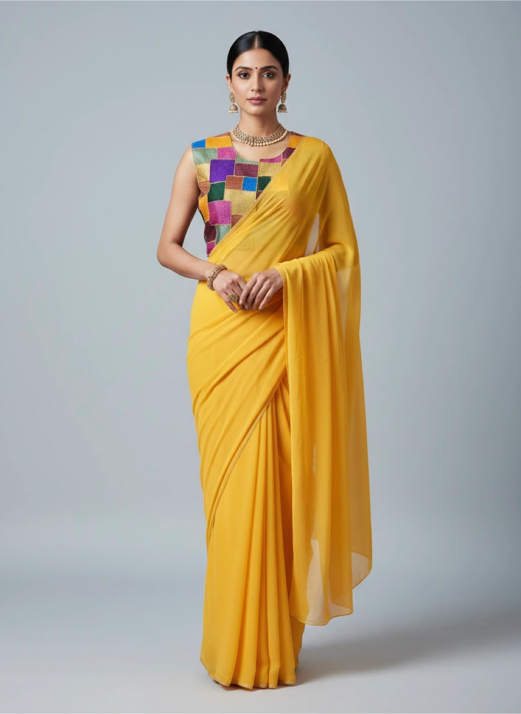 Embroidered Sari Blouse & Fabric - Yellow - photo 3