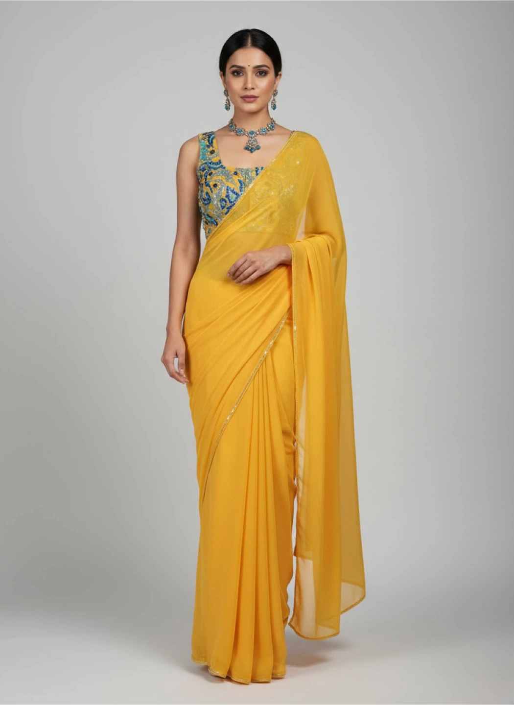 Embroidered Sari Blouse & Fabric - Yellow - photo 2