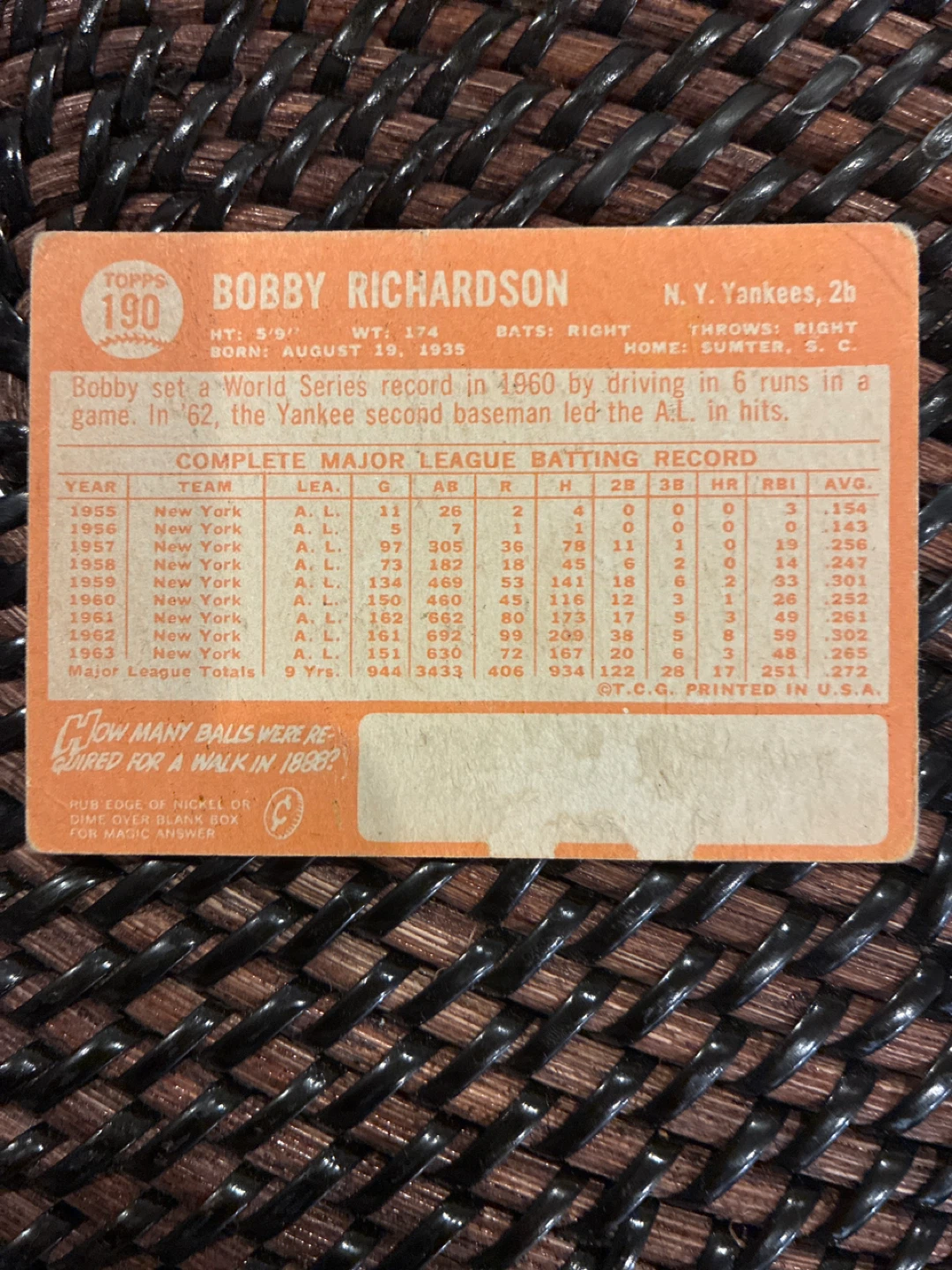 Bobby Richardson 1964 Topps Baseball Card #2b - photo 2