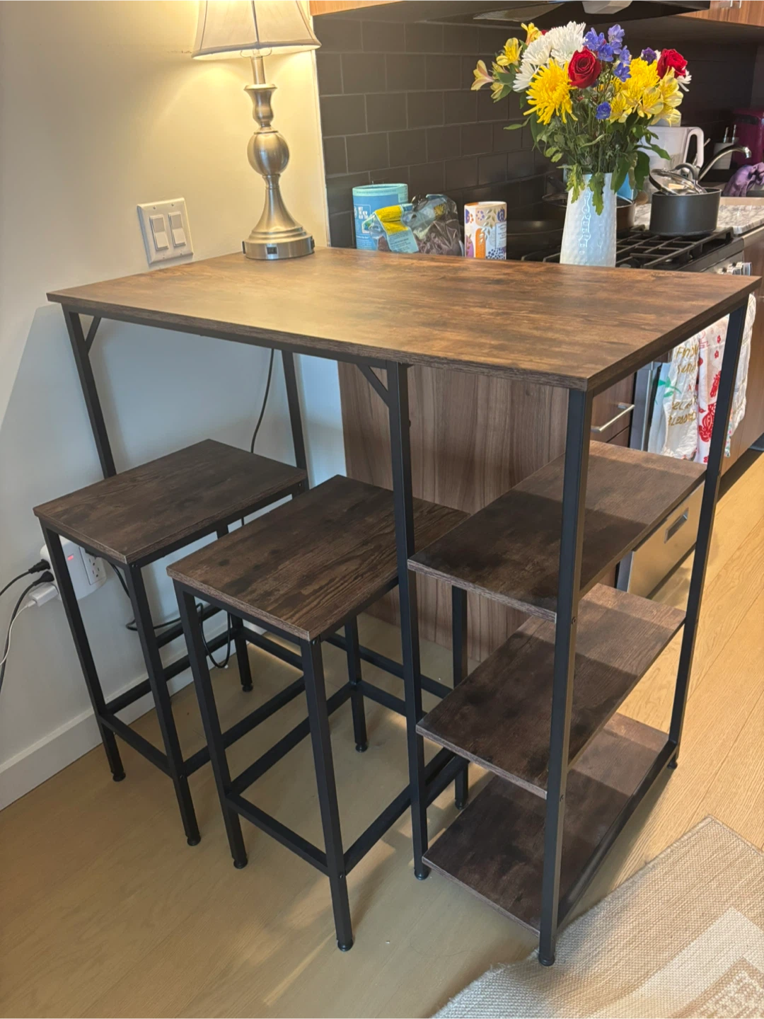 Dark Wood Bar Table Set with 2 Stools and 3 Shelves