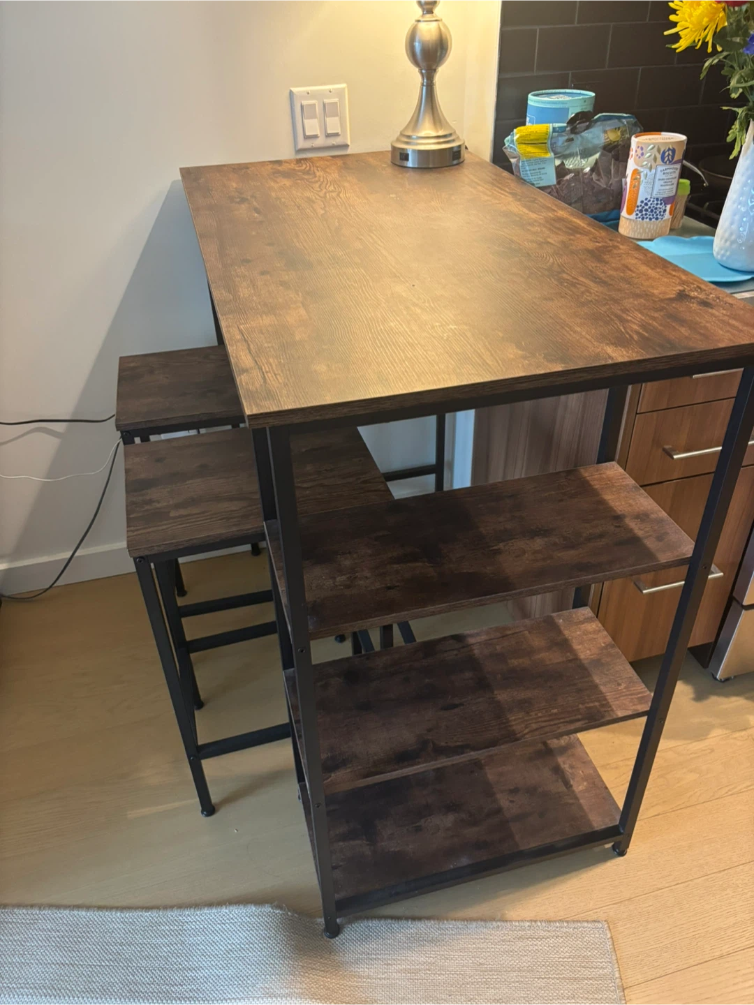 Dark Wood Bar Table Set with 2 Stools and 3 Shelves - photo 2