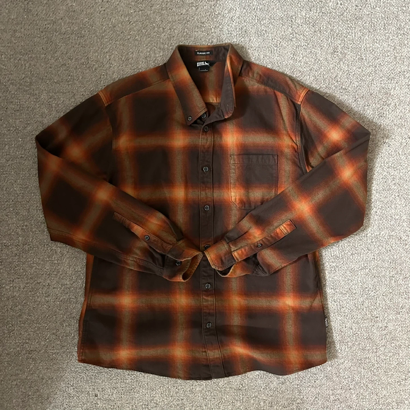 Eddie Bauer Orange/Brown Plaid Flannel (Men’s L)