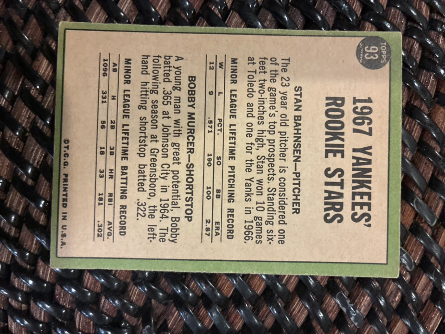 1967 Yankees Rookie Bobby Murcer Card - photo 2