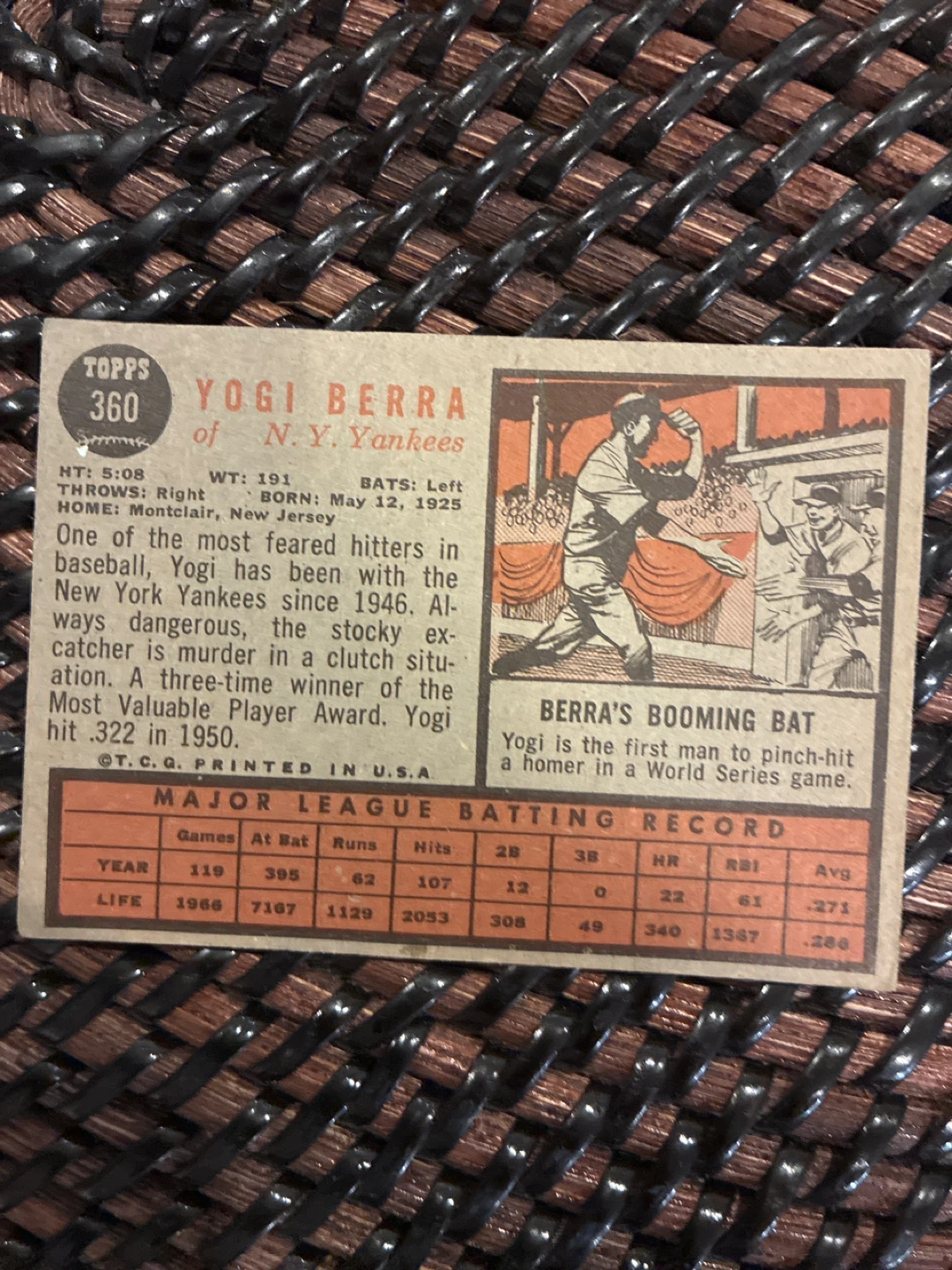 1966 Yogi Berra Yankees Baseball Card #360 - photo 2