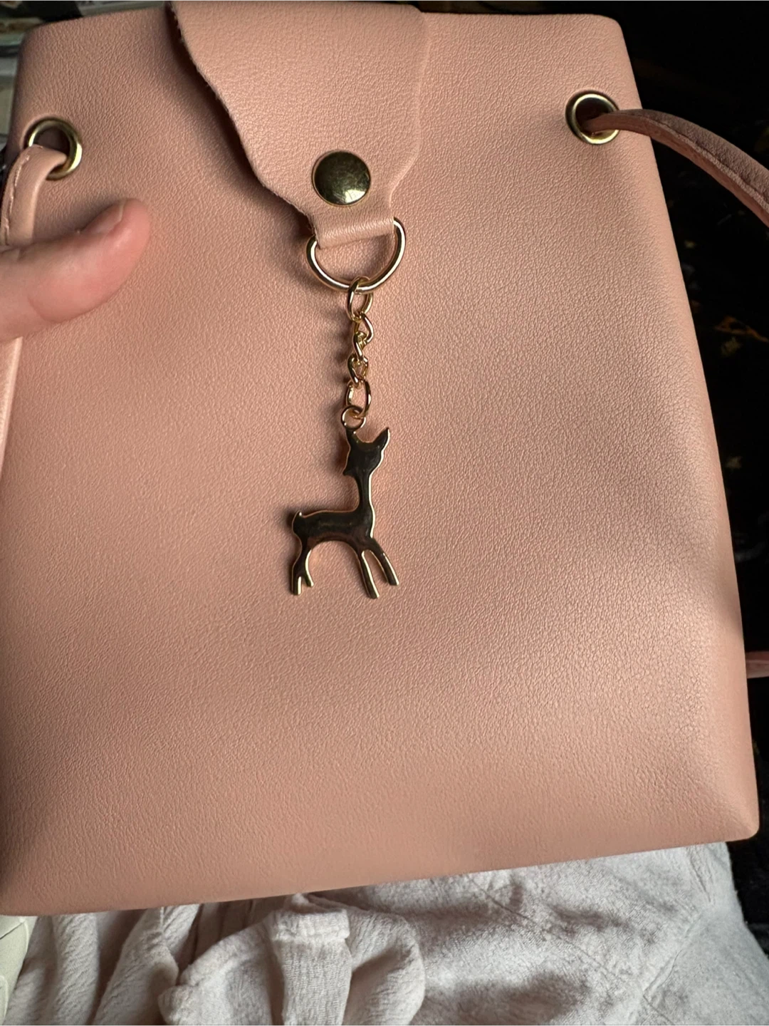 Pink faux leather mini drawstring bag with deer charm - photo 3