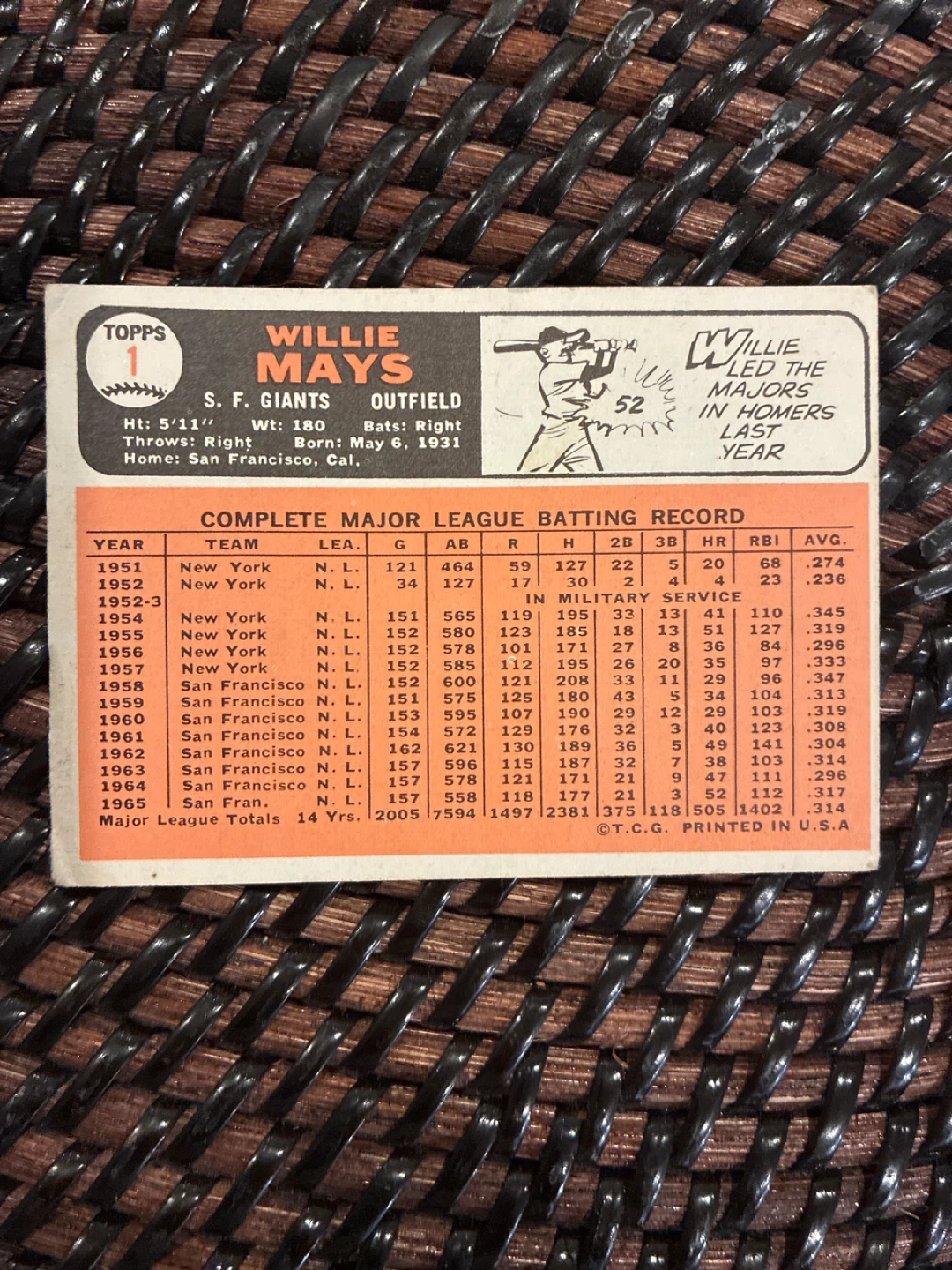 1966 Topps Willie Mays Card - photo 2