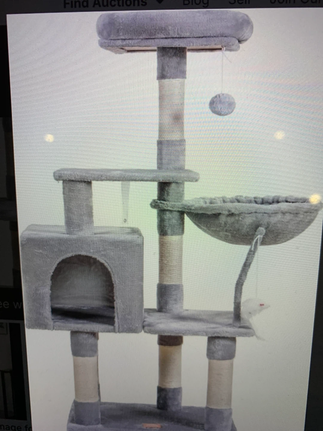 Grey Cat Tree Condo with Hammock and Dangling Toy