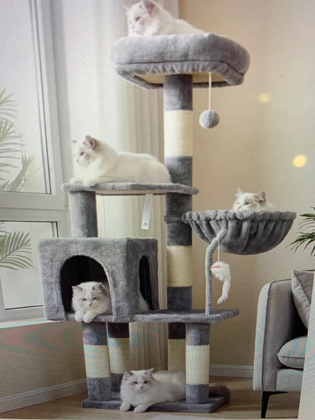 Grey Cat Tree Condo with Hammock and Dangling Toy - photo 2