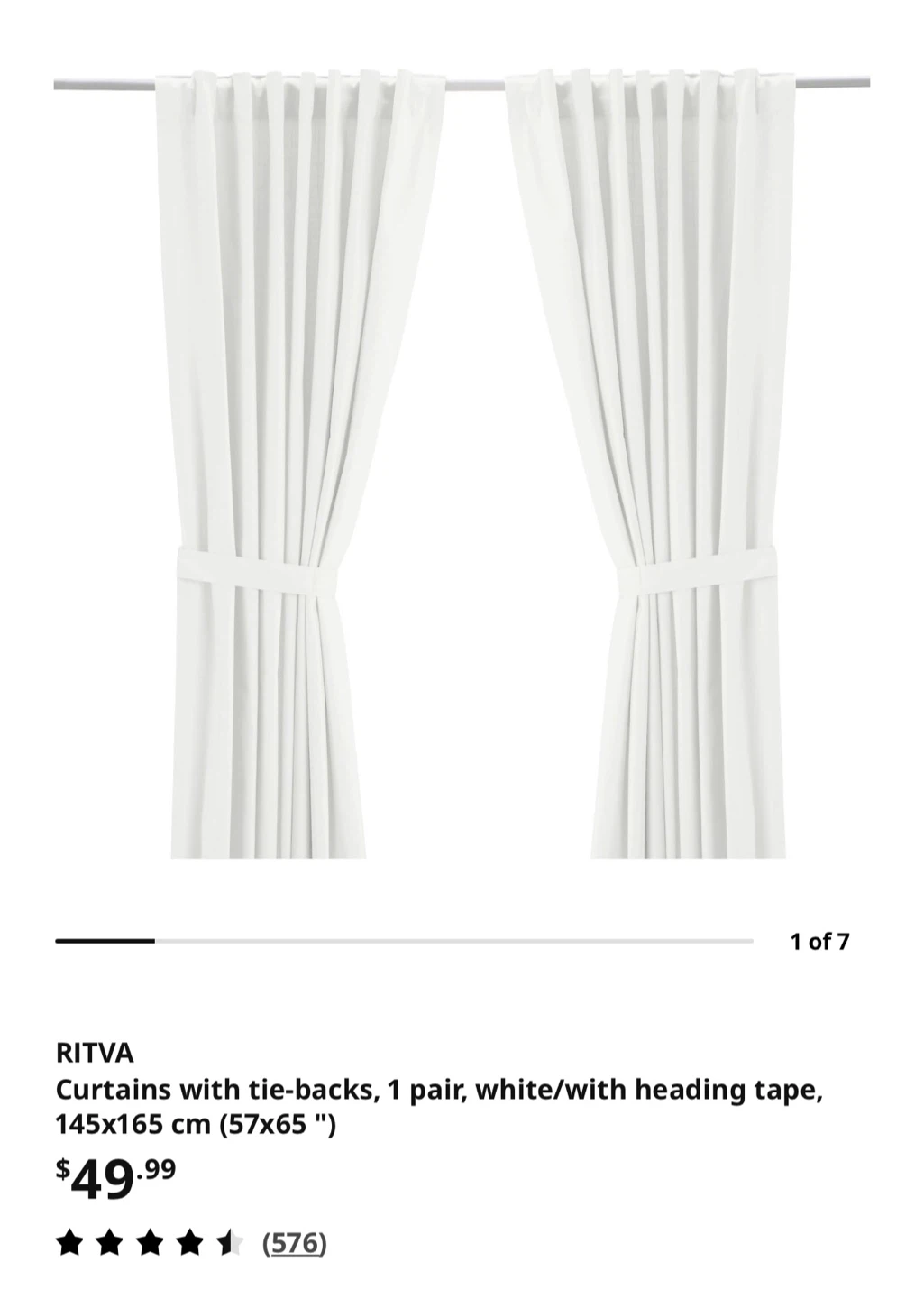 IKEA RITVA Curtains with Tie-backs - White, 3 Pair