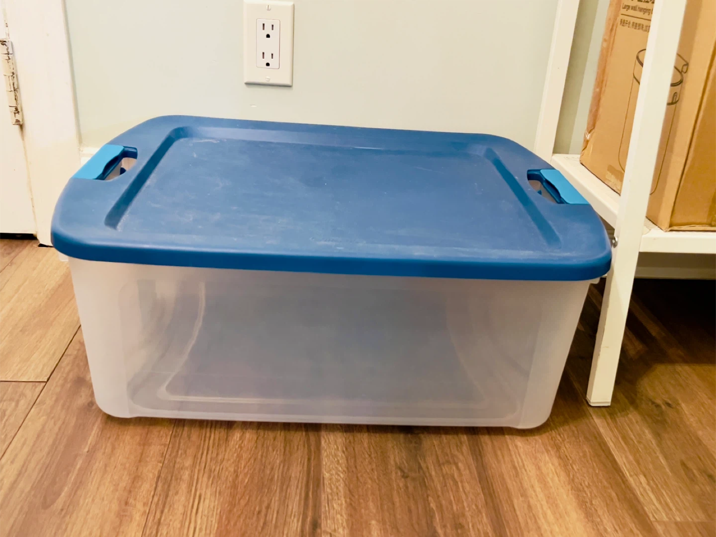 Clear Plastic Storage Bin with Blue Lid - photo 2