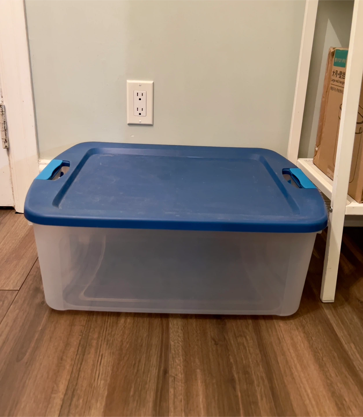 Clear Plastic Storage Bin with Blue Lid