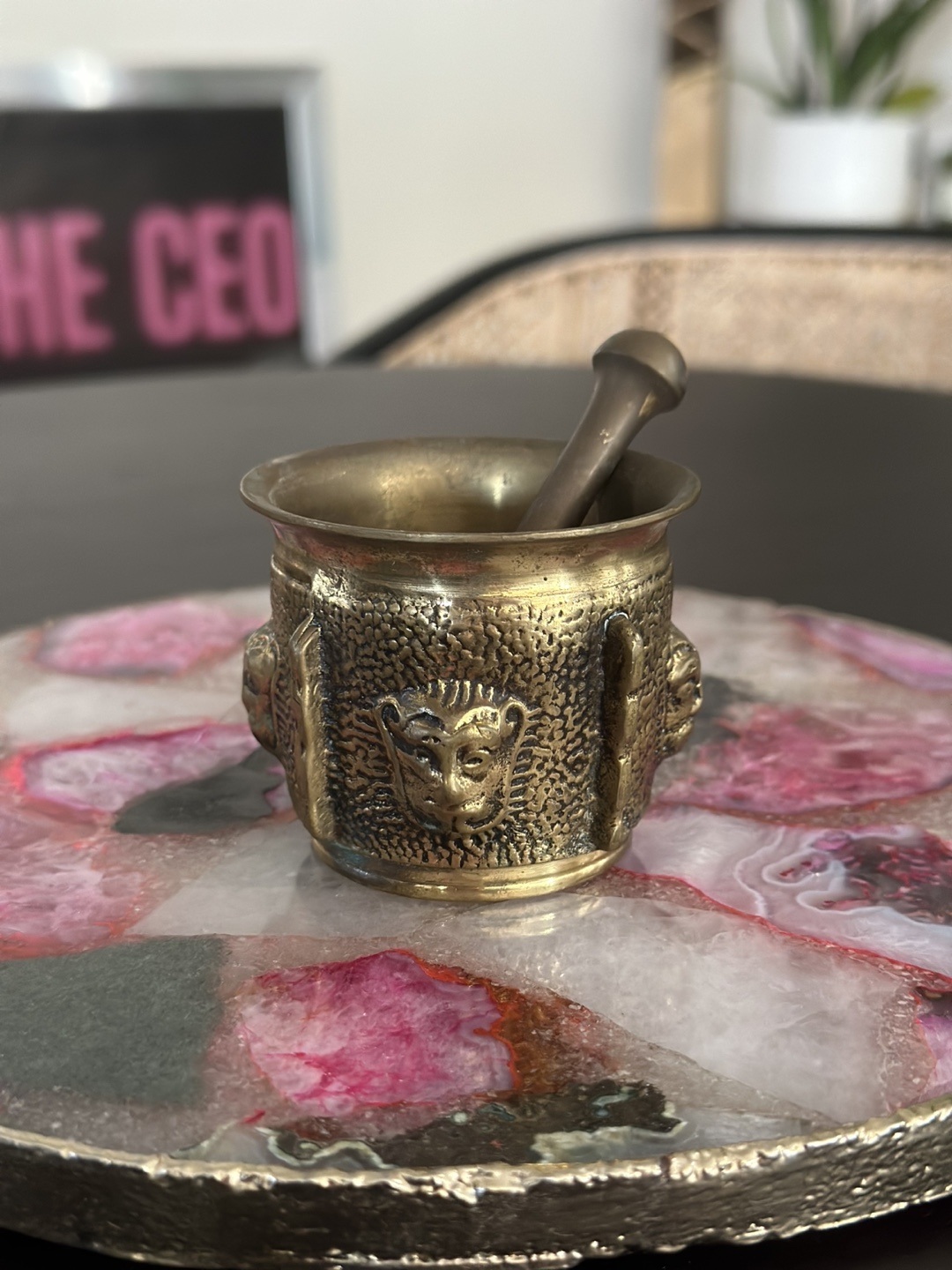 Vintage Brass Mortar & Pestle with Lion Heads from Portugal