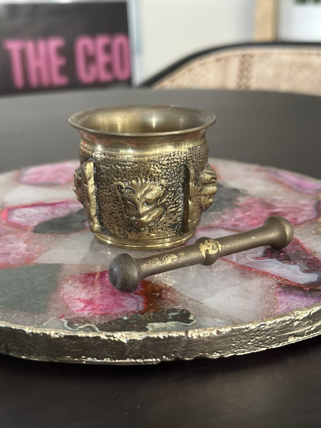 Vintage Brass Mortar & Pestle with Lion Heads from Portugal - photo 2