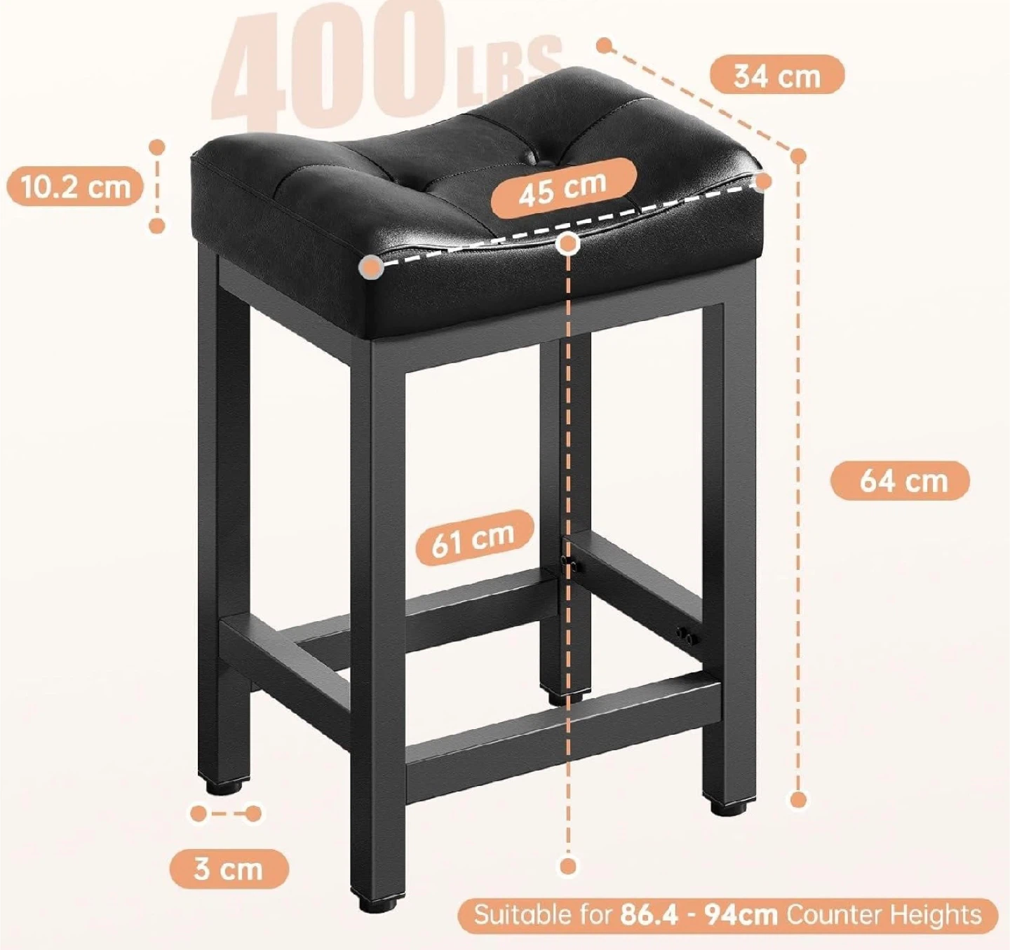 Black Counter Height Stool with Tufted Seat, set of 3 - photo 2