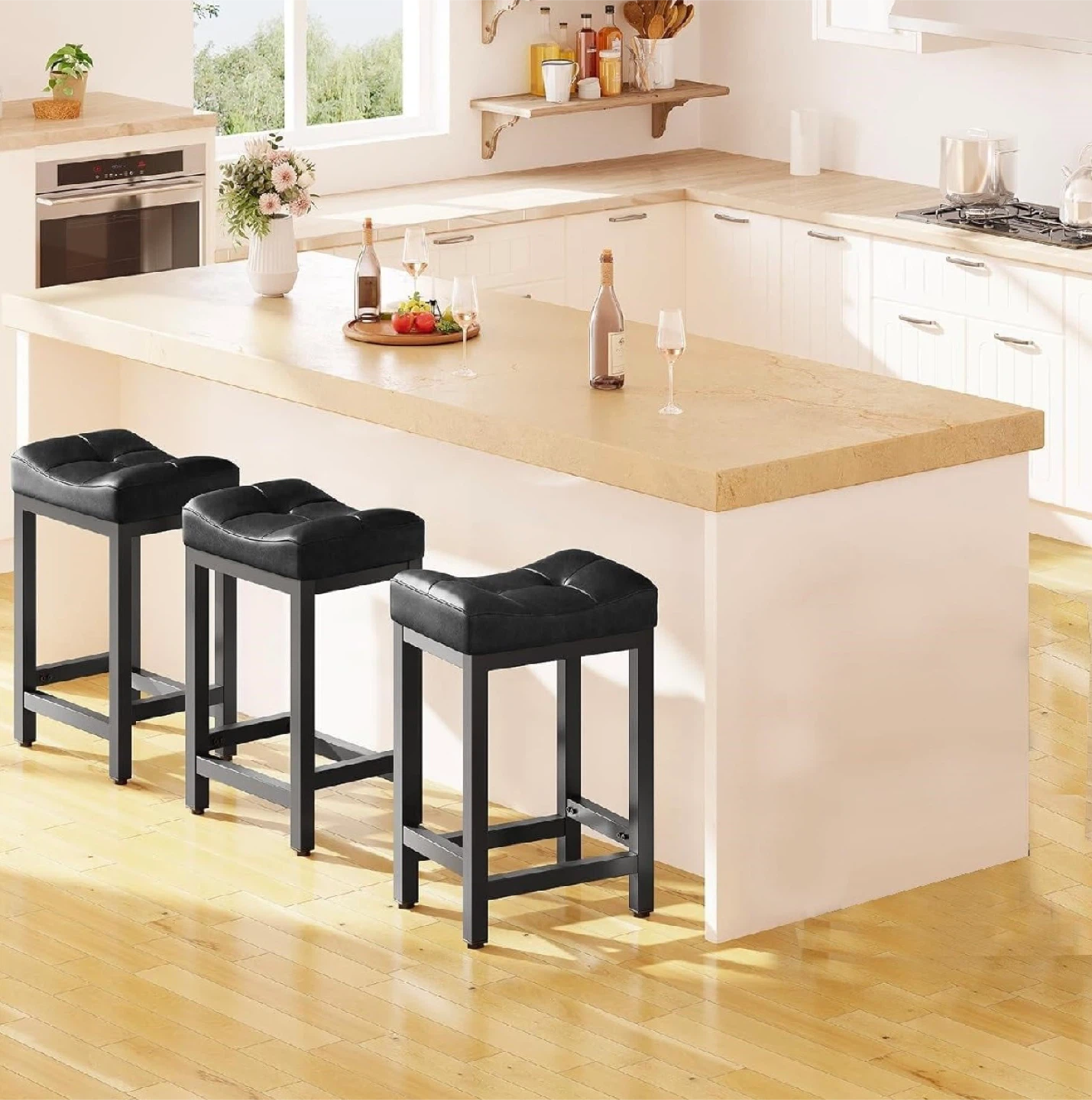 Black Counter Height Stool with Tufted Seat, set of 3