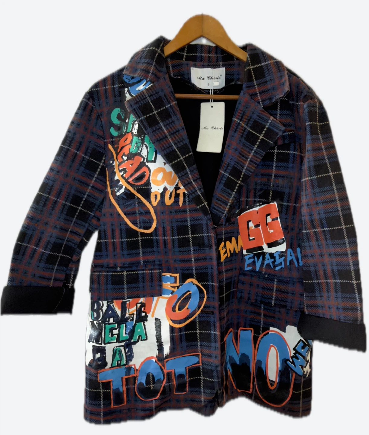 Ma Cherie Plaid Blazer Jacket with Graffiti Print