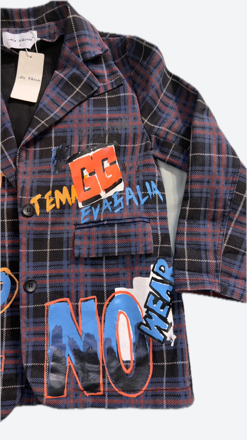 Ma Cherie Plaid Blazer Jacket with Graffiti Print - photo 5