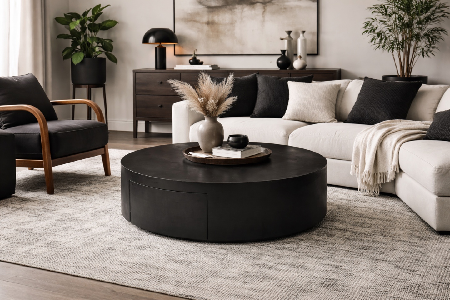 Black Round Coffee Table with Storage
