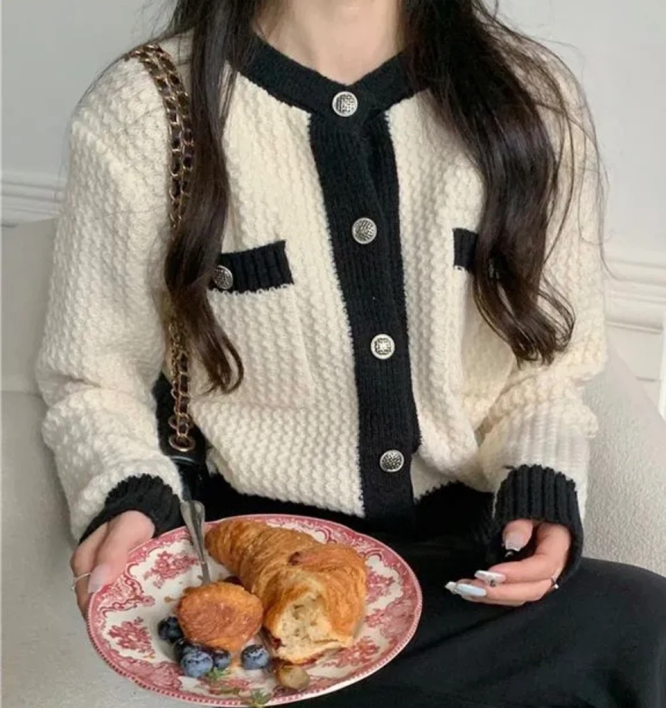Cream and Black Button Up Cardigan