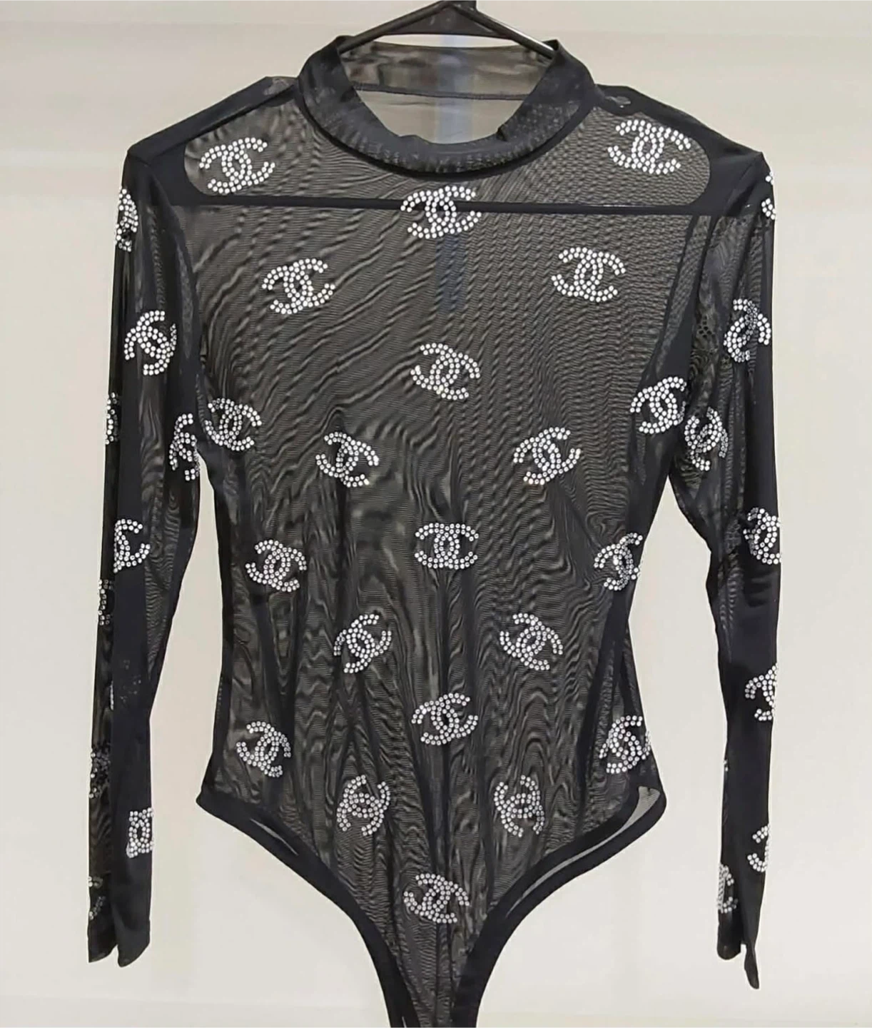 Black Mesh Bodysuit with Rhinestone CC Logo