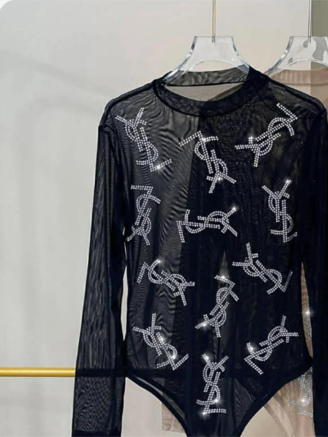 Black Mesh Bodysuit with Rhinestone CC Logo - photo 3