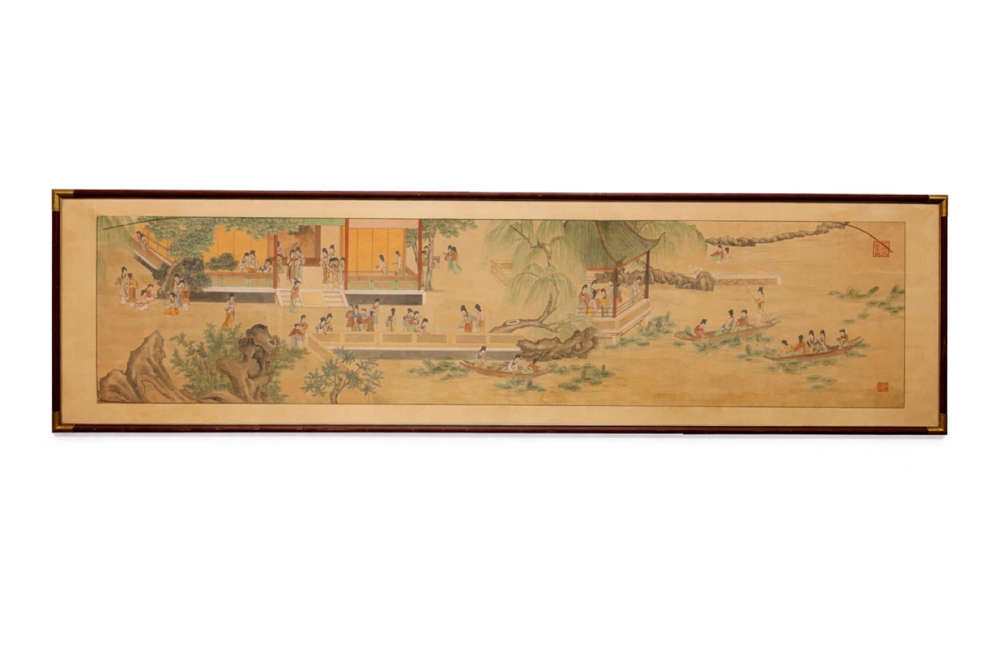 Framed Asian Art Painting with Figures and Water Scene