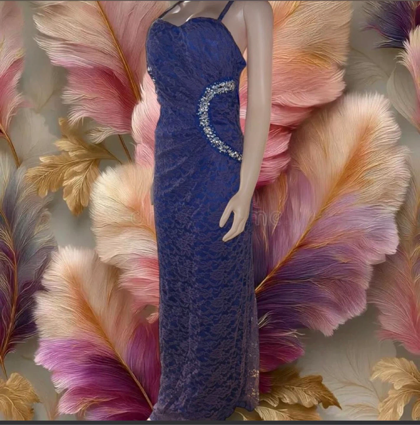 Blue Lace Maxi Dress with Embellishments