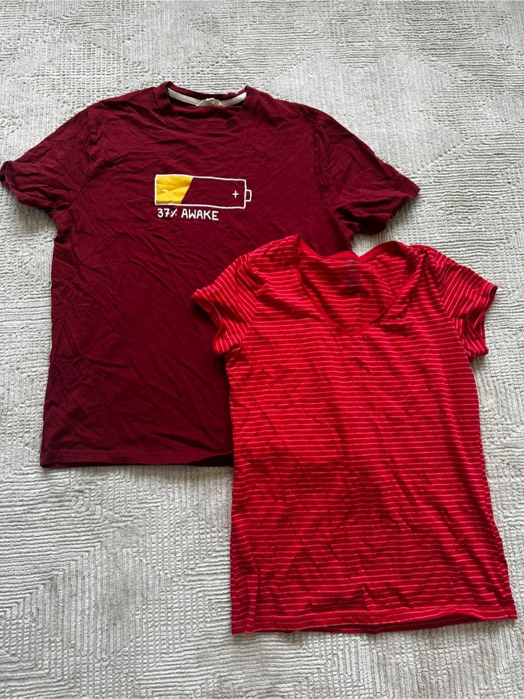 2 T-Shirts: Burgundy "37% Awake" & Red Striped