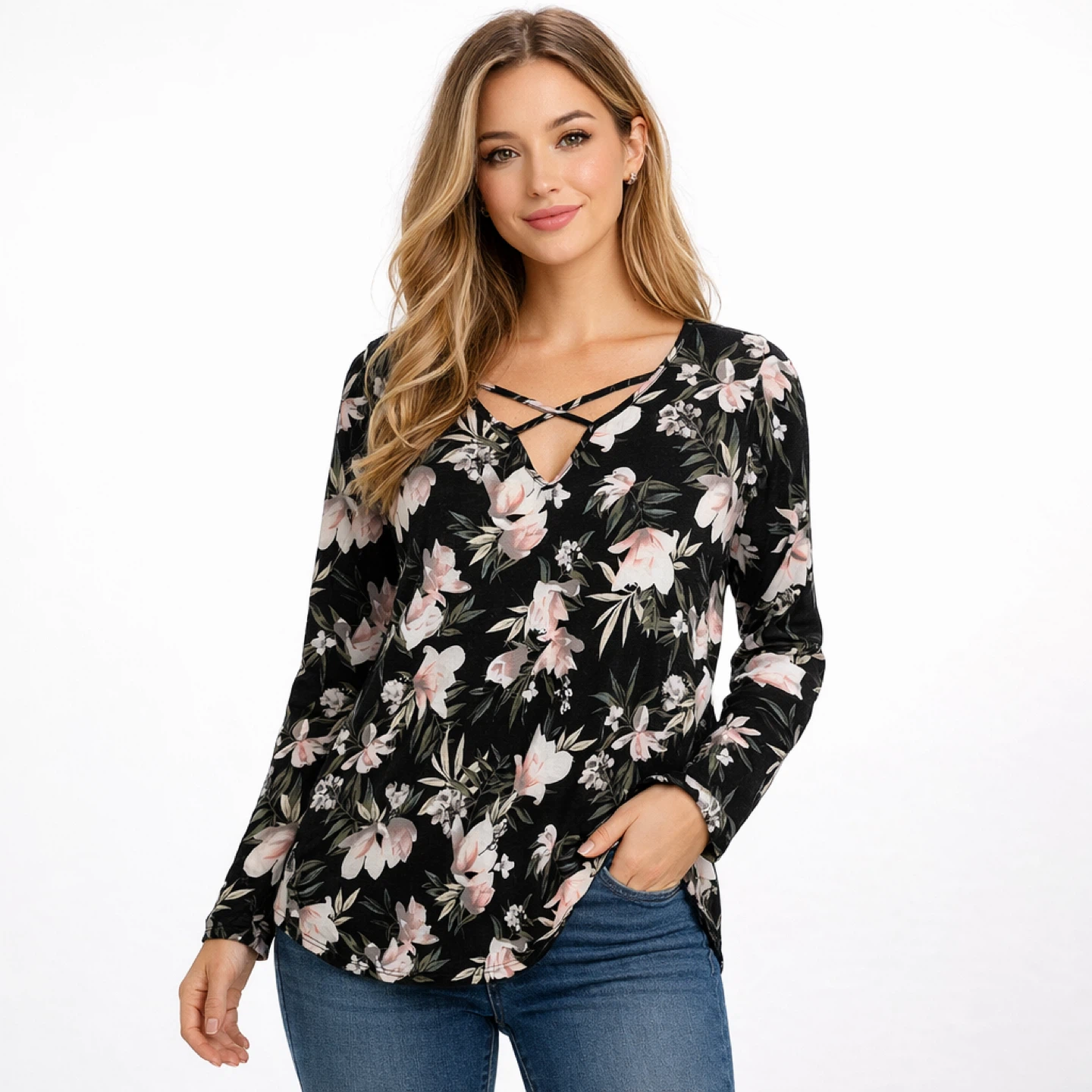 Lily Morgan Floral Crisscross V Neck Long Sleeve Relaxed Fit Top