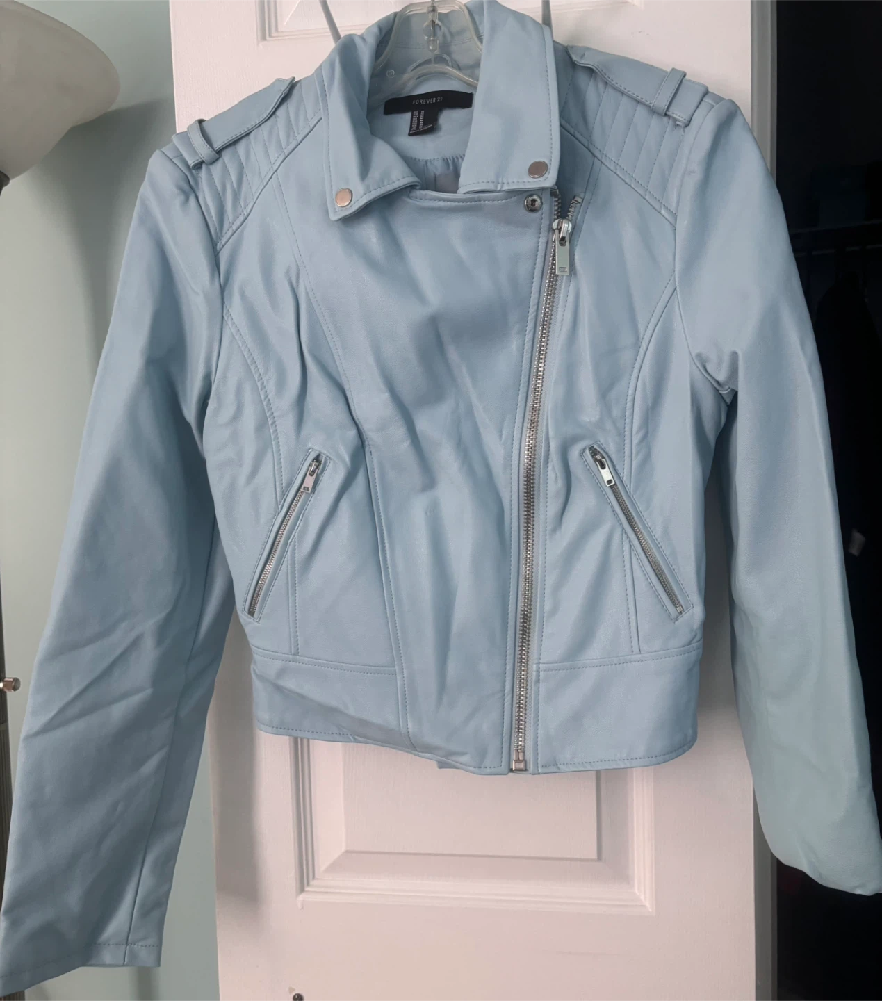 Light Blue Moto Leather Jacket