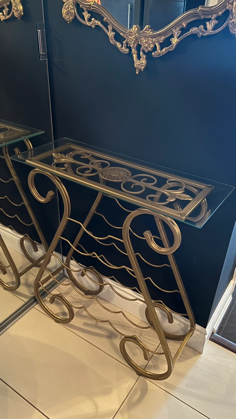 Gold Metal and Glass Console Table with Wine Rack