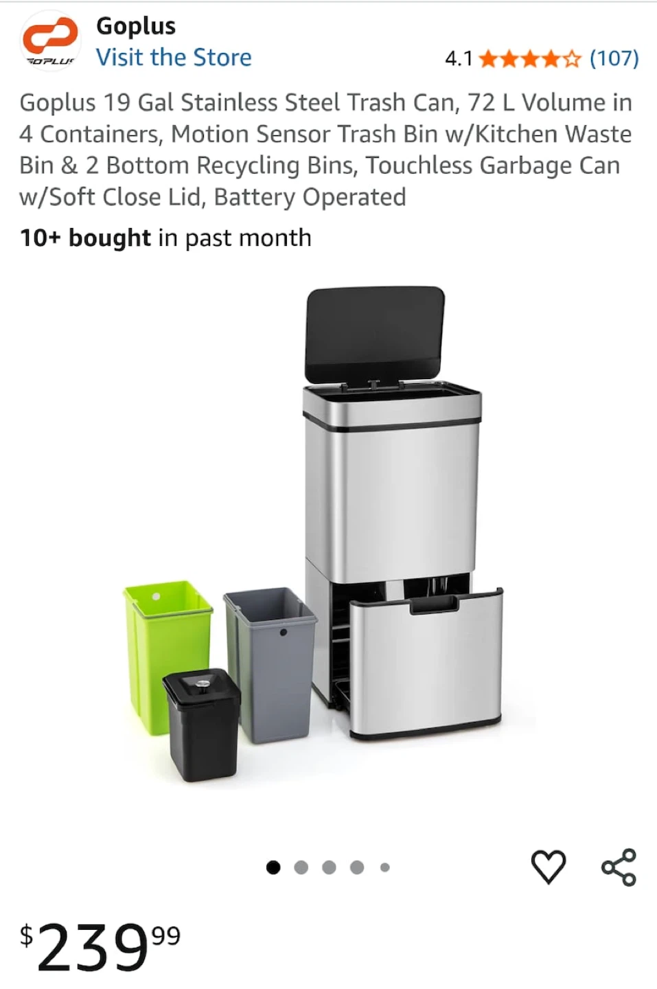 Goplus 19 Gal Stainless Steel Motion Sensor Trash Can