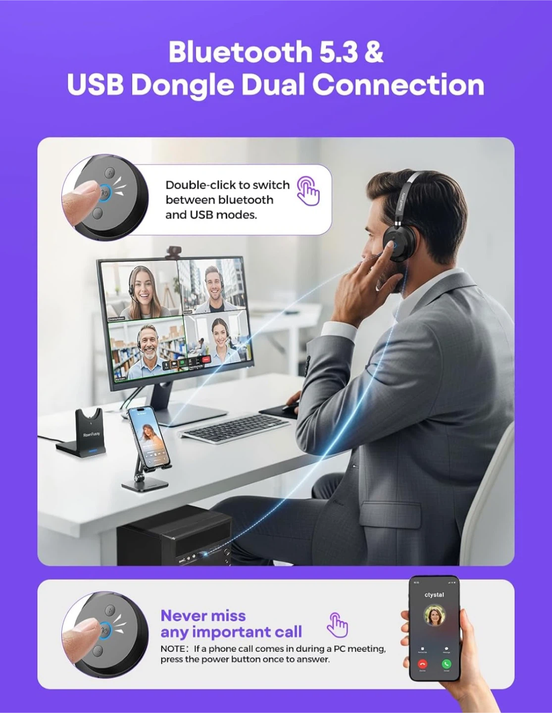 RownFusny RO3-P Bluetooth Computer Headset with Mic for Work - photo 2