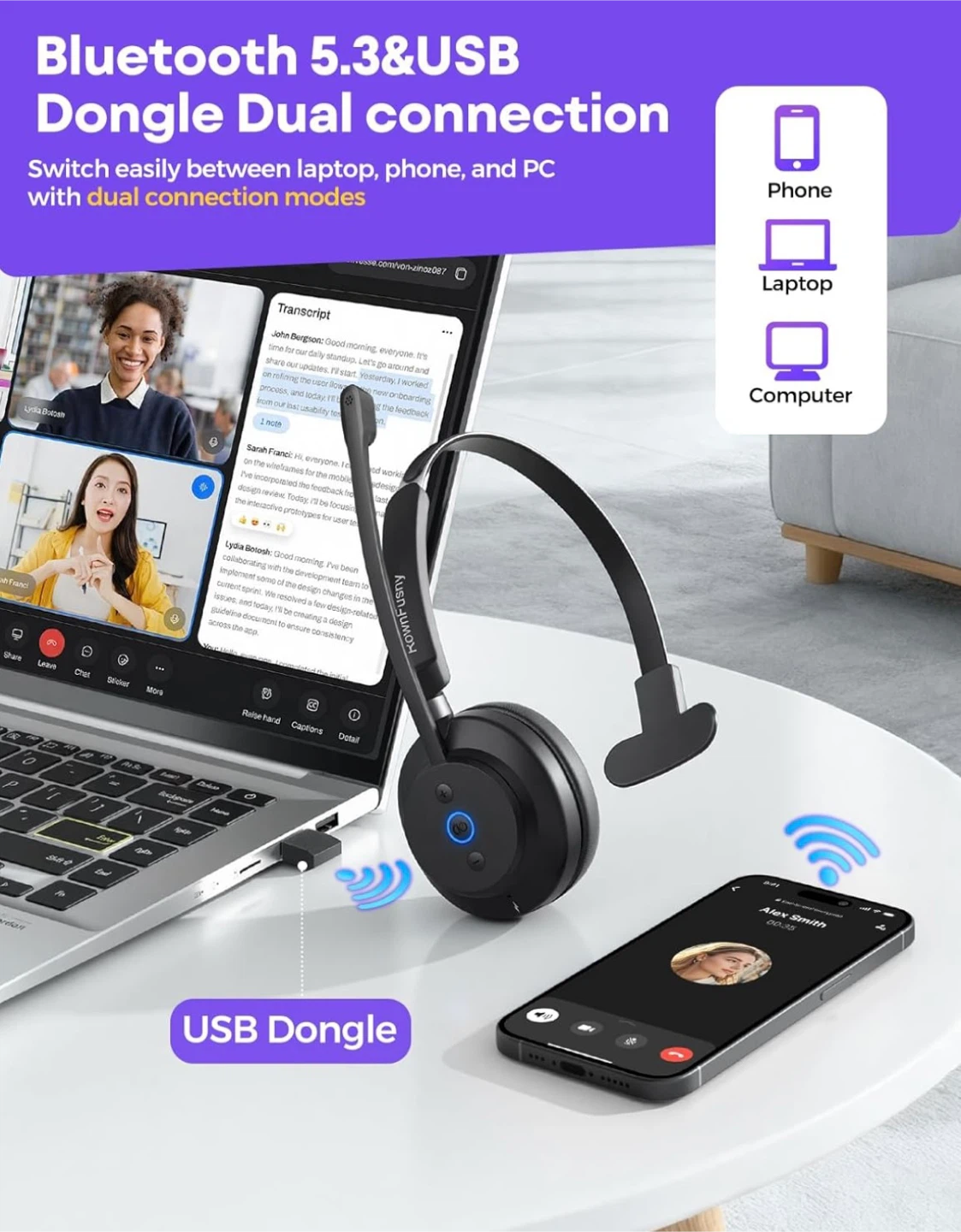 RownFusny RO3-P Bluetooth Computer Headset with Mic for Work - photo 3