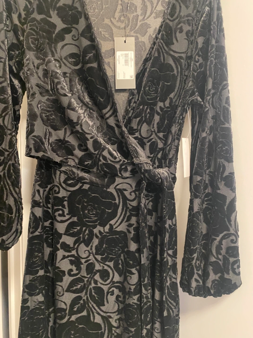 Black floral velvet wrap dress