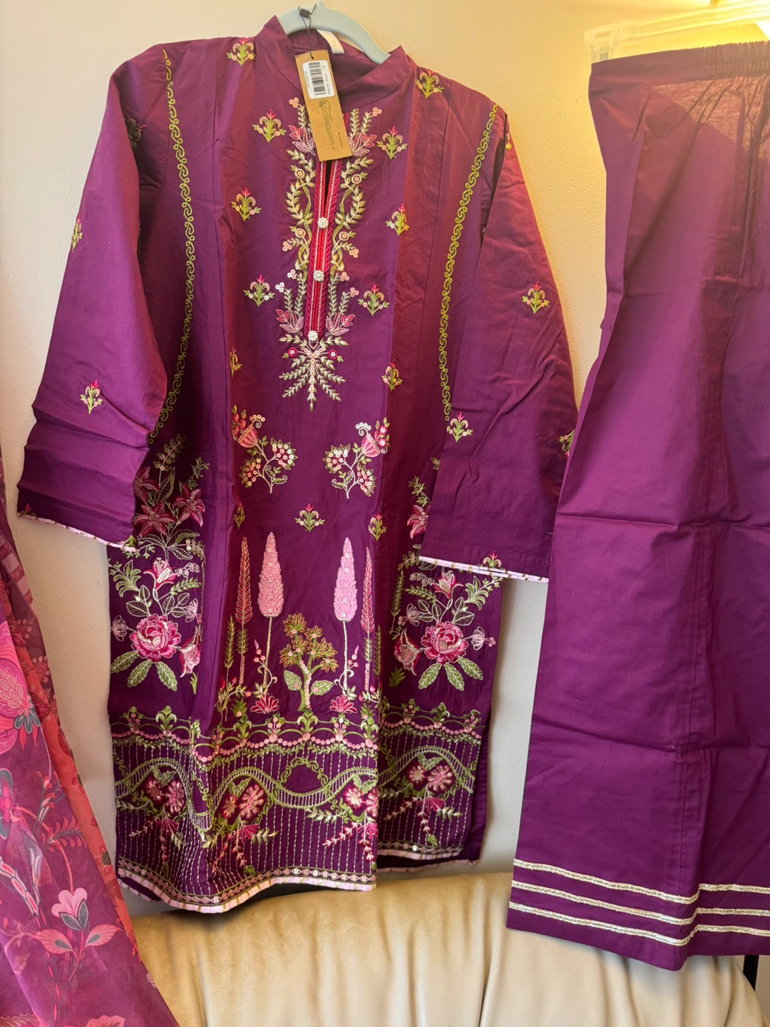 Embroidered Purple Kurti and Pants Set