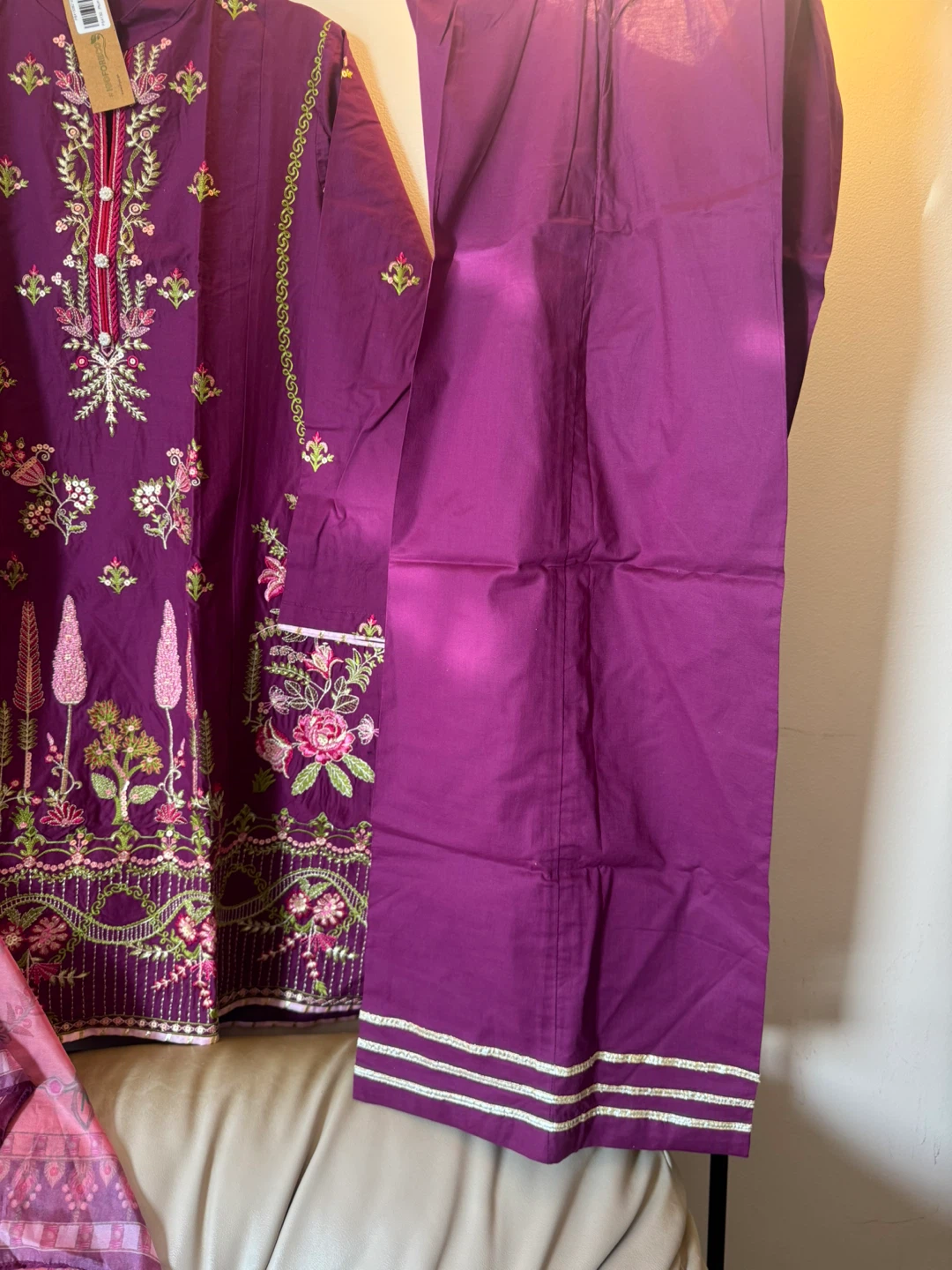 Embroidered Purple Kurti and Pants Set - photo 4