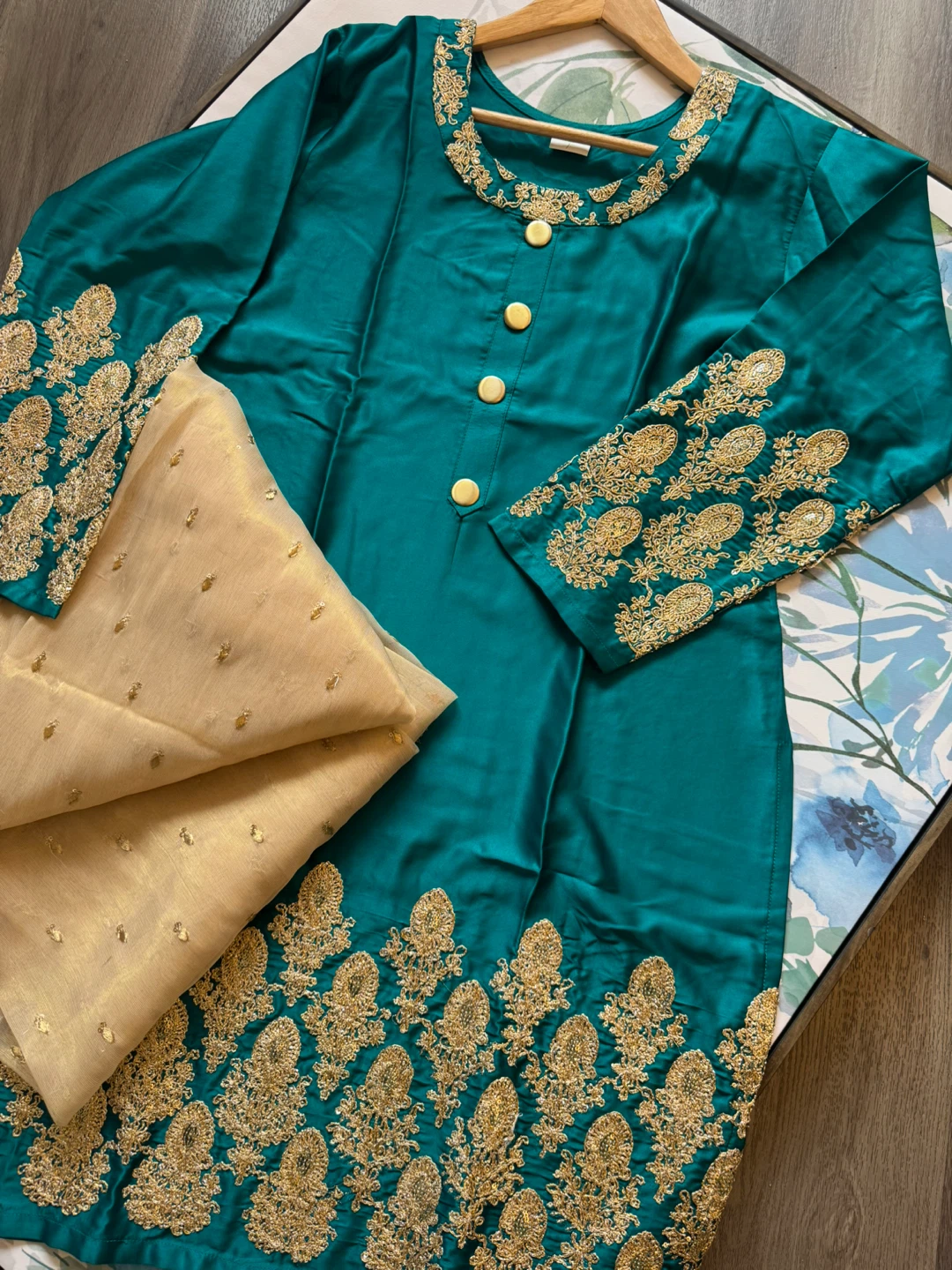 Teal Embroidered 3 piece suit