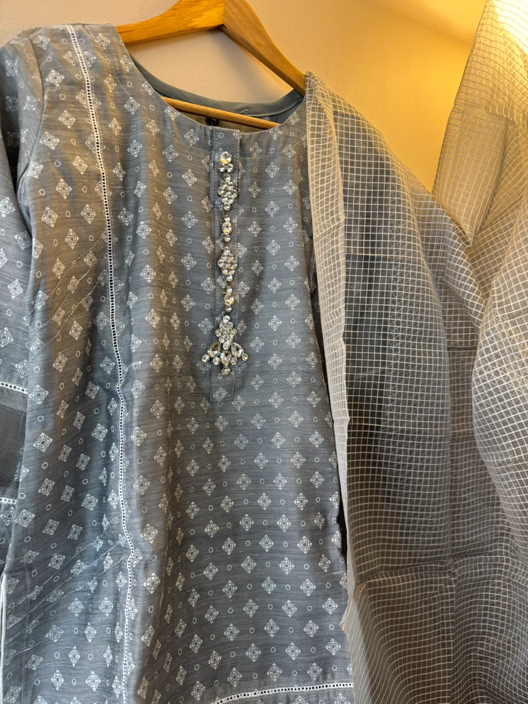 Grey Printed Kurti with White Pants and Dupatta Set