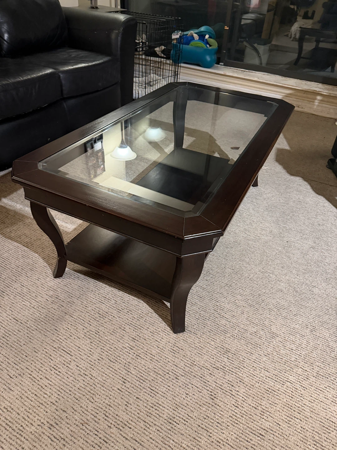 Dark Wood Coffee Table with Glass Top 48 x 26