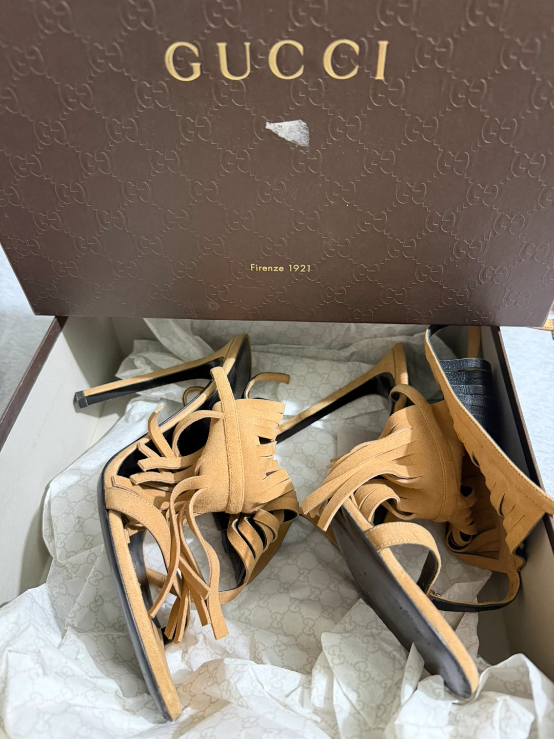 Gucci Suede Fringe Strappy Heeled Sandals Size 40
