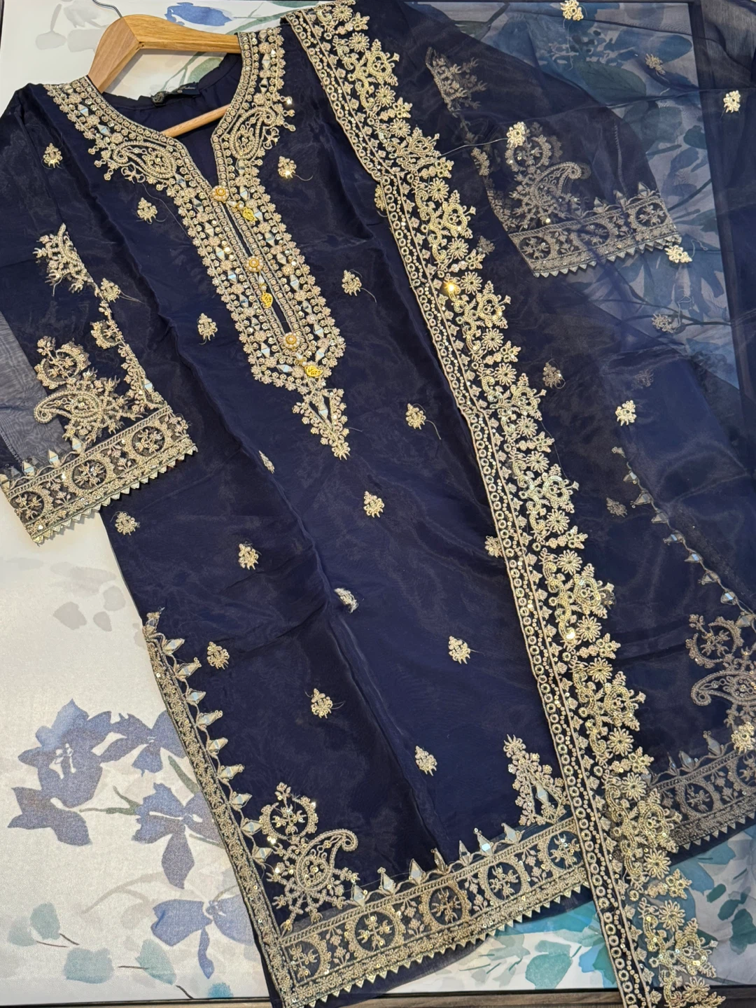 Navy Blue Embroidered 3 piece suit